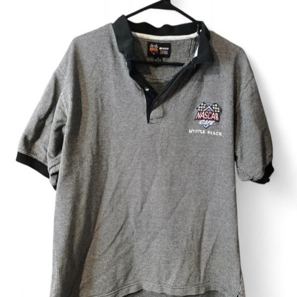 Vintage 90s nascar Cafe Myrtle Beach Polo Shirt Black White Houndstooth Check